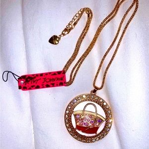 Betsey Johnson Rhinestone Pink Enamel Handbag Crystal Pendant Necklace